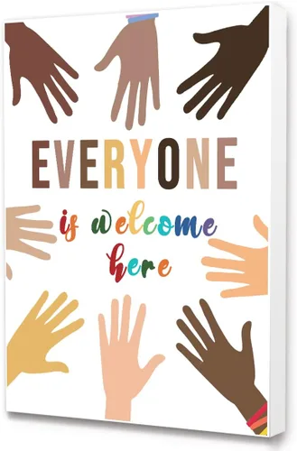 Lienzo enmarcado con texto en inglés "Everyone Is Welcome Here", decoración de pared de diversidad multicultural para la escuela, aula, guardería,