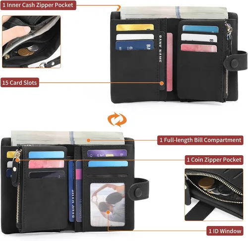 Miniatura 6 de RNIEGA Cartera pequeña de cuero plegable para mujer, con bloqueo RFID, con tarjetero y ventana de identificación, monedero