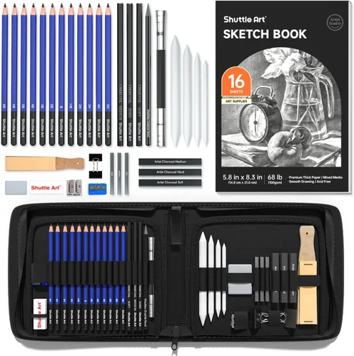 Shuttle Art Juego de lápices de dibujo y dibujo, 37 lápices de bocetos profesionales en estuche de transporte con cremallera, kit de dibujo