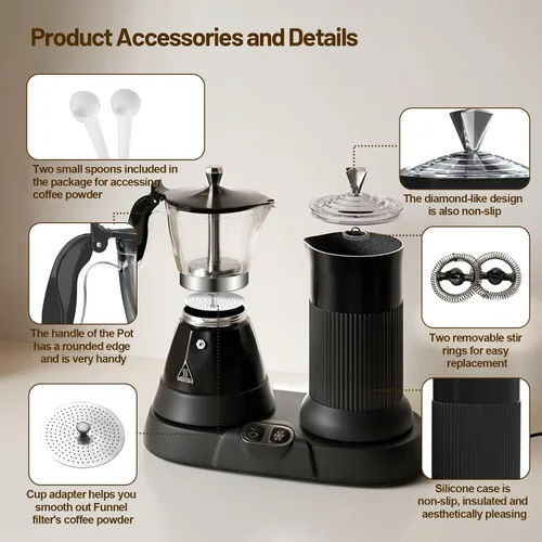 Miniatura 9 de Máquina de Espresso Eléctrica con Espumador de Leche 2 en 1 Eficiente Cafetera Moka de Aluminio con Operación de Un Toque para Cappuccinos, Café
