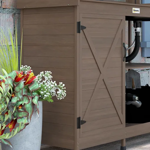 Miniatura 9 de Outsunny Banco de Jardinería Exterior de Madera con Mesa y Fregadero y Grifo, Estación de Trabajo de Jardín con Gabinete de Almacenamiento, Estantes