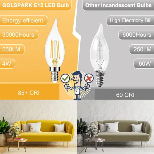Miniatura 5 de GOLSPARK E12 LED Bulb Dimmable 60 Watt Equivalent 10 Pack, 2700K Warm White Type B E12 Candelabra LED Light Bulbs, B11 Candle LED Chandelier Light