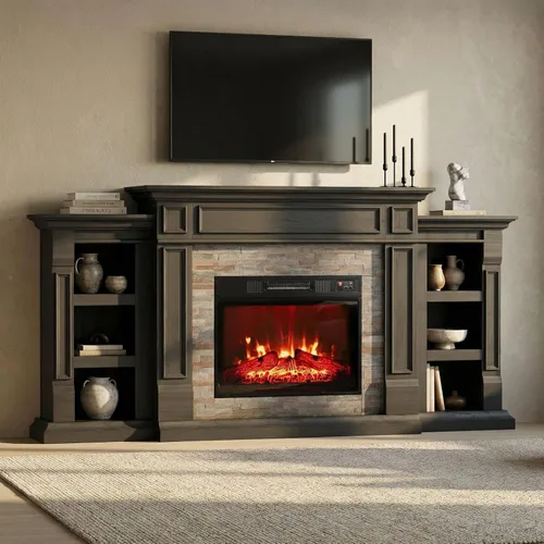 LGHM Chimenea eléctrica de 72 pulgadas con repisa, soporte de TV para televisores de hasta 80 pulgadas, moderno centro de entretenimiento negro con