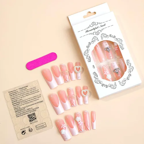 Miniatura 5 de LPOODDNU 24 uñas postizas largas cuadradas a presión, uñas postizas francesas, uñas acrílicas de color rosa brillante, cobertura completa, perlas