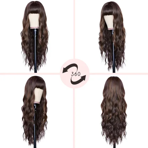 Miniatura 2 de NAYOO Pelucas marrones con flequillo para mujer, pelucas de cabello largo y ondulado, resistentes al calor, pelucas de fibra sintética para uso