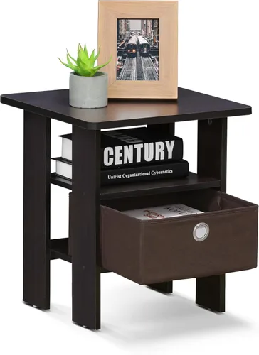 Miniatura 3 de Mesa de noche con cajón Furinno, Madera, Marrón oscuro Nogal oscuro