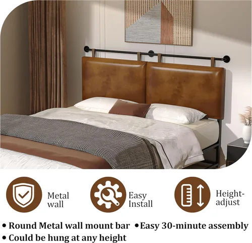 Miniatura 3 de BSHOMGI Cabecera Queen, Cabeceras Colgantes con Cuero Sintético Marrón de Tubo Industrial Estilo Moderno Solo para Tablero Trasero de Cama