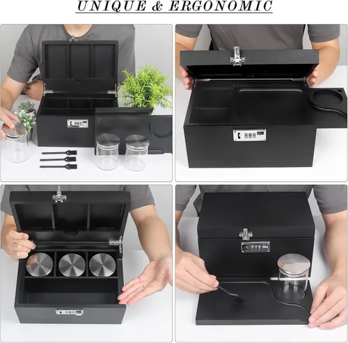 Miniatura 6 de lotmusic Caja de almacenamiento grande con bandeja extraíble deslizable, caja decorativa de bambú con 3 tarros de vidrio, cepillos de limpieza