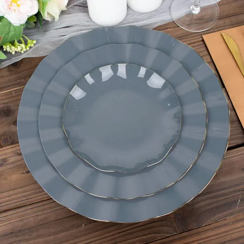 Miniatura 145 de Tableclothsfactory Paquete de 10 platos redondos de plástico negro de 6 pulgadas para ensalada de postre, platos desechables con borde ondulado