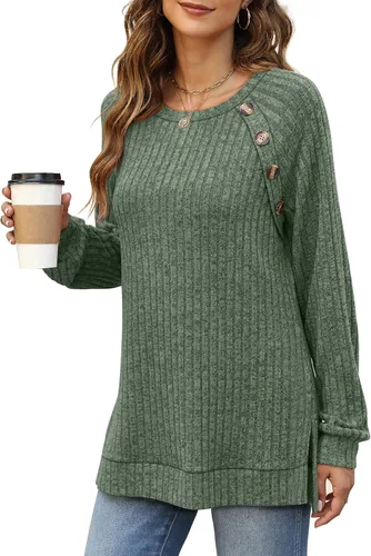 Miniatura 3 de Bofell Camisas de manga larga para mujer, cuello redondo, estilo casual, con botones, con abertura lateral