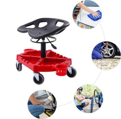 Miniatura 8 de DYRABREST Taburete de garaje con ruedas móvil, asiento de garaje neumático de altura ajustable con bandeja de herramientas y ruedas giratorias