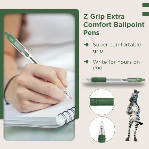 Miniatura 4 de Zebra Pen Z Grip - Bolígrafos verdes, suaves y cómodos con clip de bolsillo, bolígrafos retráctiles con tinta verde, paquete múltiple fiable