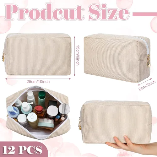 Miniatura 3 de Amylove 12 bolsas de maquillaje de pana de gran capacidad, bolsa de cosméticos preparada a granel, uso diario, bolsa de maquillaje portátil lisa