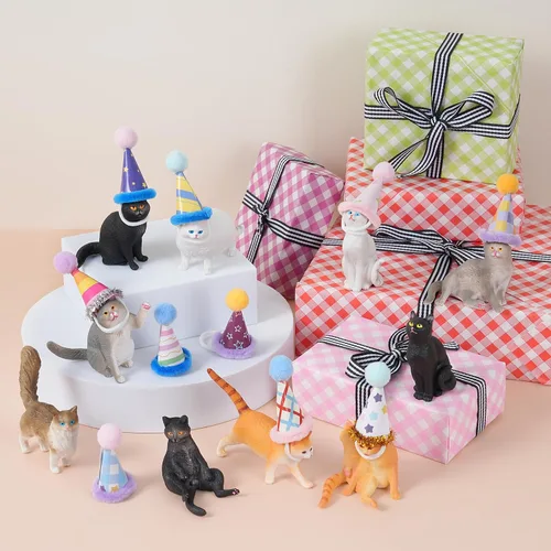 Miniatura 5 de 20 piezas de figuritas de gato en miniatura con kit de sombreros de cumpleaños, figuritas de gato pequeñas de resina, decoraciones para pasteles