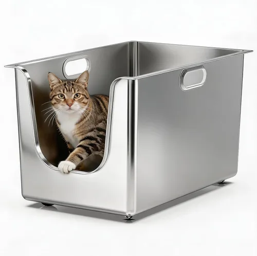 Caja de arena de acero inoxidable con lados altos de 11.8 pulgadas, caja de arena de metal XL para gatos con entrada baja curva, bandeja de arena