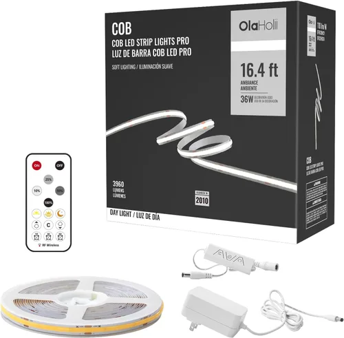 Miniatura 9 de Tira de luz LED COB de 32.8 pies con control remoto, 4000K Ra93+ regulable brillante luz LED COB tira de luz blanca continua para espejo, escalera