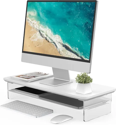 Miniatura 13 de Fenge Soporte Elevador de Monitor de Acrílico, Soporte de Monitor Dual de 42.5 Pulgadas con Almacenamiento de Metal, Elevador de Computadora de Roble