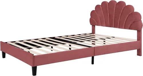 Miniatura 6 de Harper & Bright Designs - Cama de plataforma tapizada tamaño Queen con cabecera de terciopelo con patrón de flores, base de cama de madera