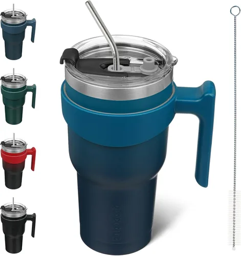 Miniatura 76 de BJPKPK Vaso con asa de acero inoxidable de 20 onzas, con aislamiento de doble pared, con tapa y pajita, color rosa claro A-rosa claro