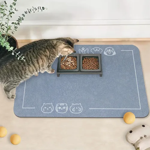 Miniatura 10 de YCT Alfombrilla de comida y agua para gatos para mascotas - Alfombrilla antideslizante súper absorbente para cuenco de perro con múltiples logotipos