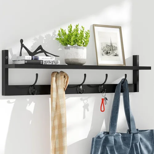 Miniatura 13 de BAMEOS Ganchos de pared de 35" L con estante, ganchos para abrigos de entrada, estante de madera para colgar en la pared, perchero montado en pared