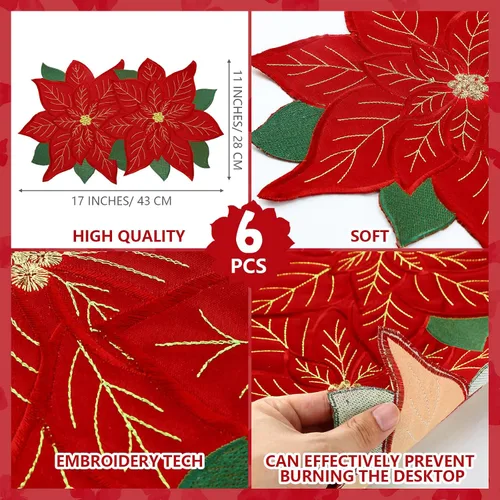 Miniatura 2 de Yingzhao Juego de 6 manteles individuales de Navidad con poinsettia bordados de doble capa con aplicación de flores rojas de Navidad para decoración