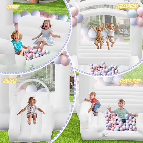 Miniatura 2 de Casa Inflable Blanca para Niños de 3-8, Casa Inflable Grande con Soplador de Aire Tobogán Piscina de Pelotas Saltando 100 Pelotas, Castillo Inflable