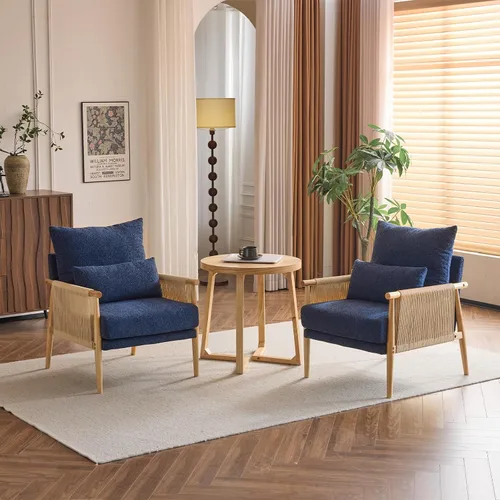 Miniatura 7 de Karl home Acogedora silla decorativa de felpilla con almohada lumbar y brazos de ratán, silla moderna para sala de estar, dormitorio, rincón de Azul