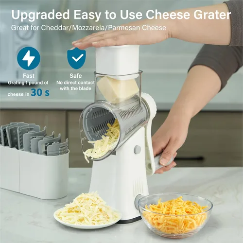 Miniatura 2 de Rallador rotativo de queso, manivela de mano, trituradora de queso de 5 cuchillas, succión más fuerte, fácil de limpiar para frutas, verduras, Blanco