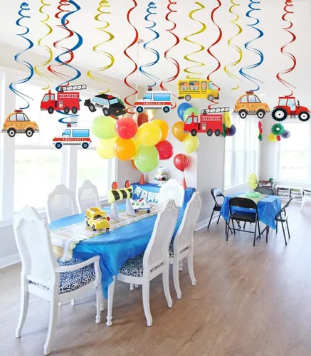 Miniatura 4 de Decoraciones de remolinos colgantes para fiestas de transporte, 30 unidades, con temática de autos, guirnalda de pancarta de feliz cumpleaños