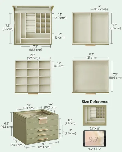 Miniatura 6 de SONGMICS Joyero organizador con tapa de cristal, almacenamiento de joyas de 4 capas, con 3 cajones, estilo moderno, 8 x 9.1 x 6.5 pulgadas