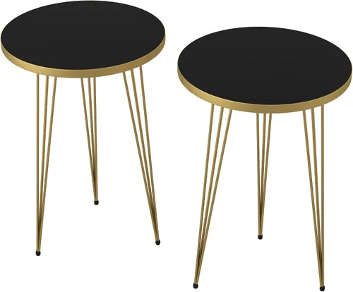 Miniatura 6 de Juego de 2 mesas auxiliares redondas de madera para sofá para espacios pequeños, mesita de noche con patas de metal para dormitorio, sala de estar