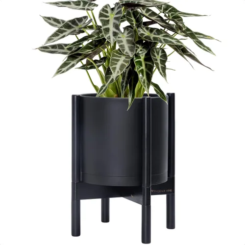 Miniatura 42 de Maceta de D'vine Dev con soporte - Maceta de flores de cilindro de plástico de 8.0 pulgadas con soporte de madera para interiores, maceta mate negra