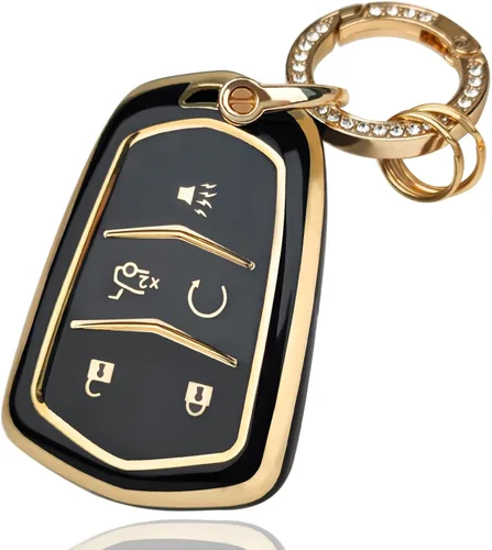 OLLEN Funda para llavero con llavero brillante, apto para Cadillac ATS CTS CT6 SRX STS XT5 XTS, protección completa, funda de llavero de TPU suave