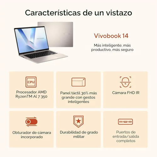 Miniatura 4 de ASUS Portátil Vivobook 14, Copilot+ PC, pantalla WUXGA de 60 Hz de 14 pulgadas, AMD Ryzen AI 7 350 con XDNA NPU, gráficos AMD Radeon, 16 GB de RAM