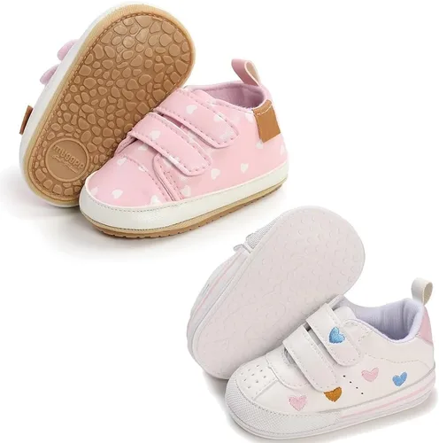 eitwo 2 pares de zapatos de bebé, para niños y niñas, suela de goma antideslizante, unisex, suaves y ligeros, zapatos de cuna para primeros pasos