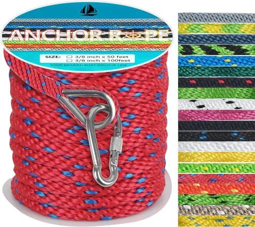 Miniatura 35 de Cuerda de anclaje de 3/8 de pulgada y 100 pies, cuerda de anclaje para barco, trenza sólida MFP, línea de anclaje con dedal de acero inoxidable 316