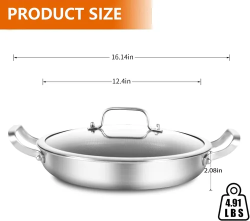 Miniatura 3 de DELARLO Sartén con tapa, sartén de acero inoxidable de tres capas, sartén de paella antiadherente de 12 pulgadas, sartenes y sartenes para freír