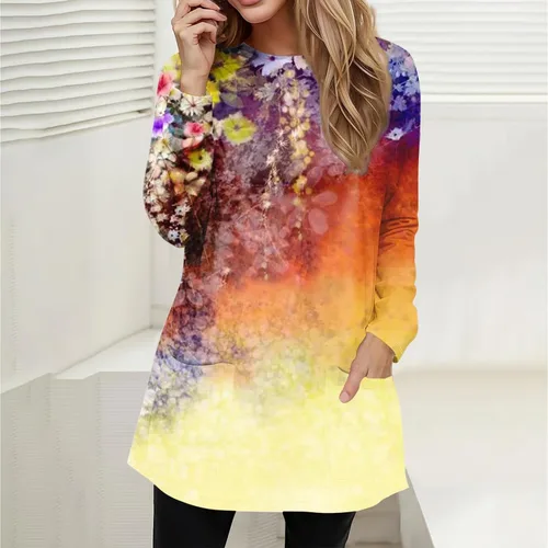 Miniatura 4 de RMXEi Camisetas elegantes de cuello redondo para mujer, manga larga, para otoño 2023, blusas con bolsillo