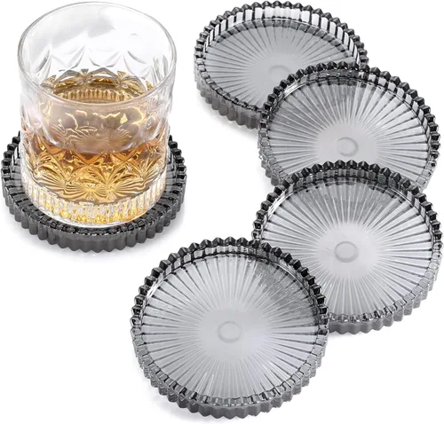 Miniatura 10 de Juego de 5 posavasos modernos transparentes de cristal para bebidas, posavasos redondos y elegantes, bonitos posavasos para mesa de café para Ámbar