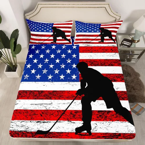 Miniatura 2 de Erosebridal American Flag Fitted Sheet Twin, Hockey Bedding Set United States Sports Games Bed Sheets for Kids Boys Teens Bedroom, Red White