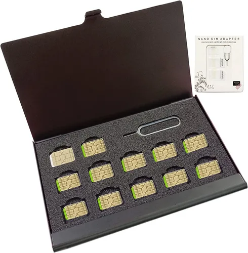 Funda de aluminio para tarjeta SIM, 12 ranuras ultradelgada Nano SIM con adaptador de tarjeta SIM Kit para viajeros o viajes de vacaciones (negro)
