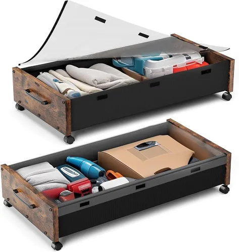 Miniatura 14 de Almacenamiento debajo de la cama con ruedas, 2 paquetes de contenedores de almacenamiento de madera extra grandes debajo de la cama, organizador
