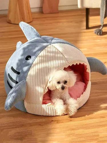 Miniatura 4 de QWINEE Cama para Gatos en Forma de Tiburón, Cama para Gatitos, Refugio, Casa Cálida, Suave, Cómoda, Semicerrada, Azul, Talla L