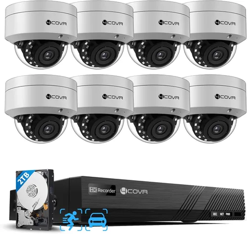 Sistema de cámara de seguridad 4COVR PoE, 8X 5MP IK10 Cúpula IP67 a prueba de vandalismo con audio, NVR de 8 canales 4K con HDD de 2TB, detección AI