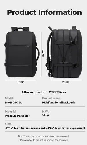 Miniatura 4 de BANGE Mochilas de viaje de 35L, mochila de mano expandible para aviones, mochila impermeable para laptop de 17.3 pulgadas para hombres y mujeres