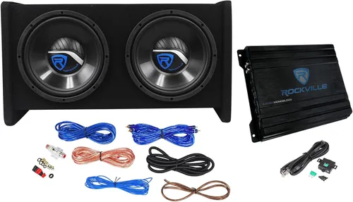 Rockville RV10.2B 1000W de pico/350W RMS Subwoofer de coche de 10" de doble carcasa, amplificador mono Clase A/B, diseño ventilado con puerto,