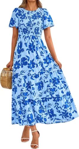 Miniatura 24 de PRETTYGARDEN - Vestido largo casual de verano para mujer, manga corta acampanada, bohemio, floral, cuello redondo, vestido blusón, escalonado