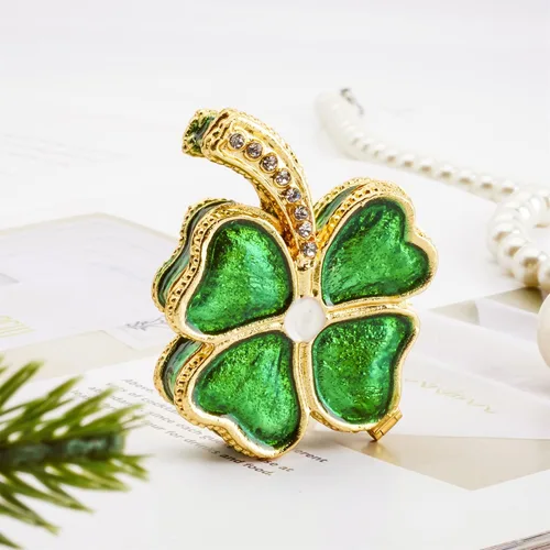 Miniatura 4 de YU FENG Cajas de baratijas de trébol de cuatro hojas con bisagras, esmaltadas con joyas, caja decorativa de flores para anillos coleccionable