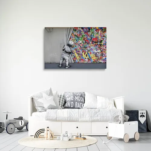 Miniatura 5 de MGSBCXN Arte de Pared en Lienzo Colorido Graffiti Banksy Póster Impresiones Un Niño Detrás de la Cortina Imagen Obra de Arte Abstracto Arte